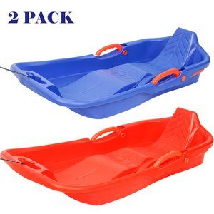 Plastic Sleds for Kids Teens, 2 Packs Snow Sled with Pull Rope & 2 Brake, 35''